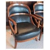 UL - Thomasville Wood and Black Leather Armchairs (Pair)