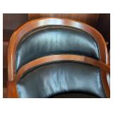 UL - Thomasville Wood and Black Leather Armchairs (Pair)