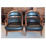 UL - Thomasville Wood and Black Leather Armchairs (Pair)