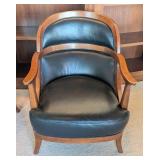 UL - Thomasville Wood and Black Leather Armchairs (Pair)