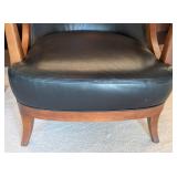UL - Thomasville Wood and Black Leather Armchairs (Pair)