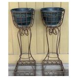 Pair of Wrought Iron Planters on Stands - Patina Finish
