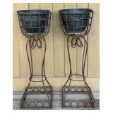 Pair of Wrought Iron Planters on Stands - Patina Finish