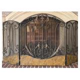 Ornate Three-Panel Wrought Iron Fireplace Screen with Scrollwork