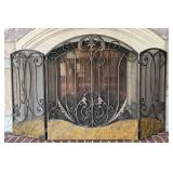 Ornate Three-Panel Wrought Iron Fireplace Screen with Scrollwork