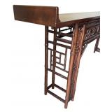 Asian-Inspired Bamboo Console Table with Lattice Panels and Carved Details