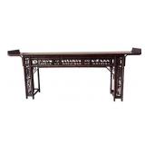 Asian-Inspired Bamboo Console Table with Lattice Panels and Carved Details