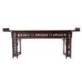 Asian-Inspired Bamboo Console Table with Lattice Panels and Carved Details