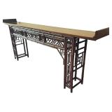 Asian-Inspired Bamboo Console Table with Lattice Panels and Carved Details