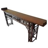 Asian-Inspired Bamboo Console Table with Lattice Panels and Carved Details