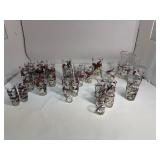 Vintage Hazel-Atlas Pheasant Hunting Scene 64oz Glass Pitcher, Bowl, Cocktail Shaker & large Variety of Cups (45 Piece Set!)