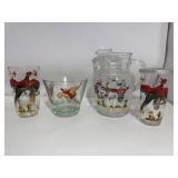 Vintage Hazel-Atlas Pheasant Hunting Scene 64oz Glass Pitcher, Bowl, Cocktail Shaker & large Variety of Cups (45 Piece Set!)