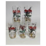 Vintage Hazel-Atlas Pheasant Hunting Scene 64oz Glass Pitcher, Bowl, Cocktail Shaker & large Variety of Cups (45 Piece Set!)