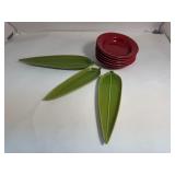 Set of 6 Red Bowls & Vintage Crate & Barrel Leaf-shaped Dishes