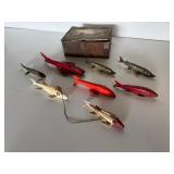 Large Lot of Vintage Ice Fishing Decoys & Metal Tin