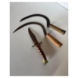 Lot of (2) Hand Scythe Sickle Cutters & Bowie Knife