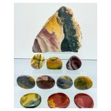Mookaite Jasper is a unique Australian gemstone formed from ancient fossilized sea creatures that is prized by collectors for its vibrant, porcelain-like colors found in both raw slabs and smooth palm