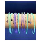 Luxury Set of 9 Dainty Gemstone Jewelry Pieces - Genuine Amethyst & Amazonite - Adjustable Stainless Steel Finish