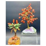Pair of Handcrafted Gemstone Sculptures – Red Jasper & Aventurine 'Money Trees' on Raw Crystal Bases