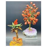 Pair of Handcrafted Gemstone Sculptures – Red Jasper & Aventurine 'Money Trees' on Raw Crystal Bases