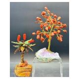 Pair of Handcrafted Gemstone Sculptures – Red Jasper & Aventurine 'Money Trees' on Raw Crystal Bases