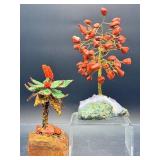 Pair of Handcrafted Gemstone Sculptures – Red Jasper & Aventurine 'Money Trees' on Raw Crystal Bases