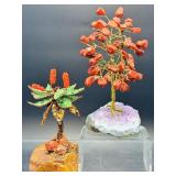Pair of Handcrafted Gemstone Sculptures – Red Jasper & Aventurine 'Money Trees' on Raw Crystal Bases