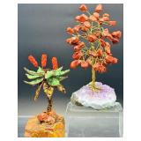 Pair of Handcrafted Gemstone Sculptures – Red Jasper & Aventurine 'Money Trees' on Raw Crystal Bases