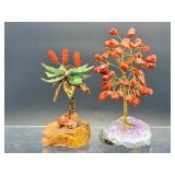 Pair of Handcrafted Gemstone Sculptures – Red Jasper & Aventurine 'Money Trees' on Raw Crystal Bases