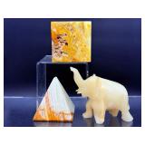 Set of 3 Vintage Hand-Carved Banded Onyx & Agate Specimens - Pyramid, Elephant, & Cube