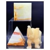 Set of 3 Vintage Hand-Carved Banded Onyx & Agate Specimens - Pyramid, Elephant, & Cube