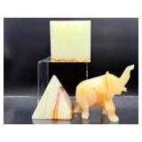 Set of 3 Vintage Hand-Carved Banded Onyx & Agate Specimens - Pyramid, Elephant, & Cube