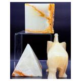 Set of 3 Vintage Hand-Carved Banded Onyx & Agate Specimens - Pyramid, Elephant, & Cube