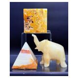 Set of 3 Vintage Hand-Carved Banded Onyx & Agate Specimens - Pyramid, Elephant, & Cube