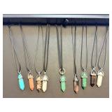 Lot of 9 Healing Crystal Point Necklaces:  Jasper, Aventurine, Obsidian & More