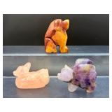 Set of 3 Hand-Carved Gemstone Animal Figurines | Rose Quartz, Amethyst & Red Jasper