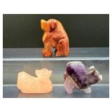 Set of 3 Hand-Carved Gemstone Animal Figurines | Rose Quartz, Amethyst & Red Jasper