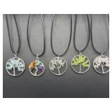 Lot of 5 Tree of Life Crystal Healing Pendants - Handcrafted Wire Wrapped Natural Gemstone Chip Stone Necklaces