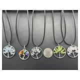 Lot of 5 Tree of Life Crystal Healing Pendants - Handcrafted Wire Wrapped Natural Gemstone Chip Stone Necklaces