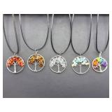 Set of 5 Tree of Life Gemstone Pendants – Natural Stone & 7 Chakra Jewelry