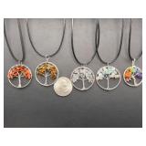 Set of 5 Tree of Life Gemstone Pendants – Natural Stone & 7 Chakra Jewelry