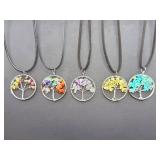 Set of 5 Handcrafted 'Tree of Life' Gemstone Chip Pendant Necklaces