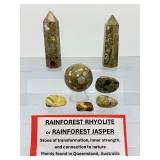 Premium 7-Piece Australian Rainforest Rhyolite Collection: Polished Towers, Sphere, and Freeform Stones – Rare Volcanic Gemstones from Mt. Hay, Queensland