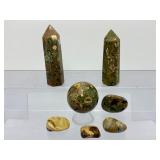 Premium 7-Piece Australian Rainforest Rhyolite Collection: Polished Towers, Sphere, and Freeform Stones – Rare Volcanic Gemstones from Mt. Hay, Queensland