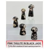 Rare Pink Thulite in Black Jade Hand-Carved Crystal Mushrooms