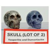 Rare 2pc Crystal Skull Collector Set – UV Reactive Fluorescent Yooperlite & Deep Blue Dumortierite Gemstone Carvings