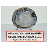 Polished Mexican Coconut 'Las Choyas' Geode Half - Icy Blue Agate Specimen
