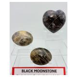 Madagascar Black Moonstone Ritual Set: (1) Rare Hand-Carved Heart & (2) High-Flash Silver Sheen Palm Stones – Grounding, Protection & New Moon Manifestation Bundle