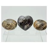 Madagascar Black Moonstone Ritual Set: (1) Rare Hand-Carved Heart & (2) High-Flash Silver Sheen Palm Stones – Grounding, Protection & New Moon Manifestation Bundle