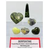 Verdant Earth Serpentine Collection: 5 Polished Hearts & 1 Stately Obelisk